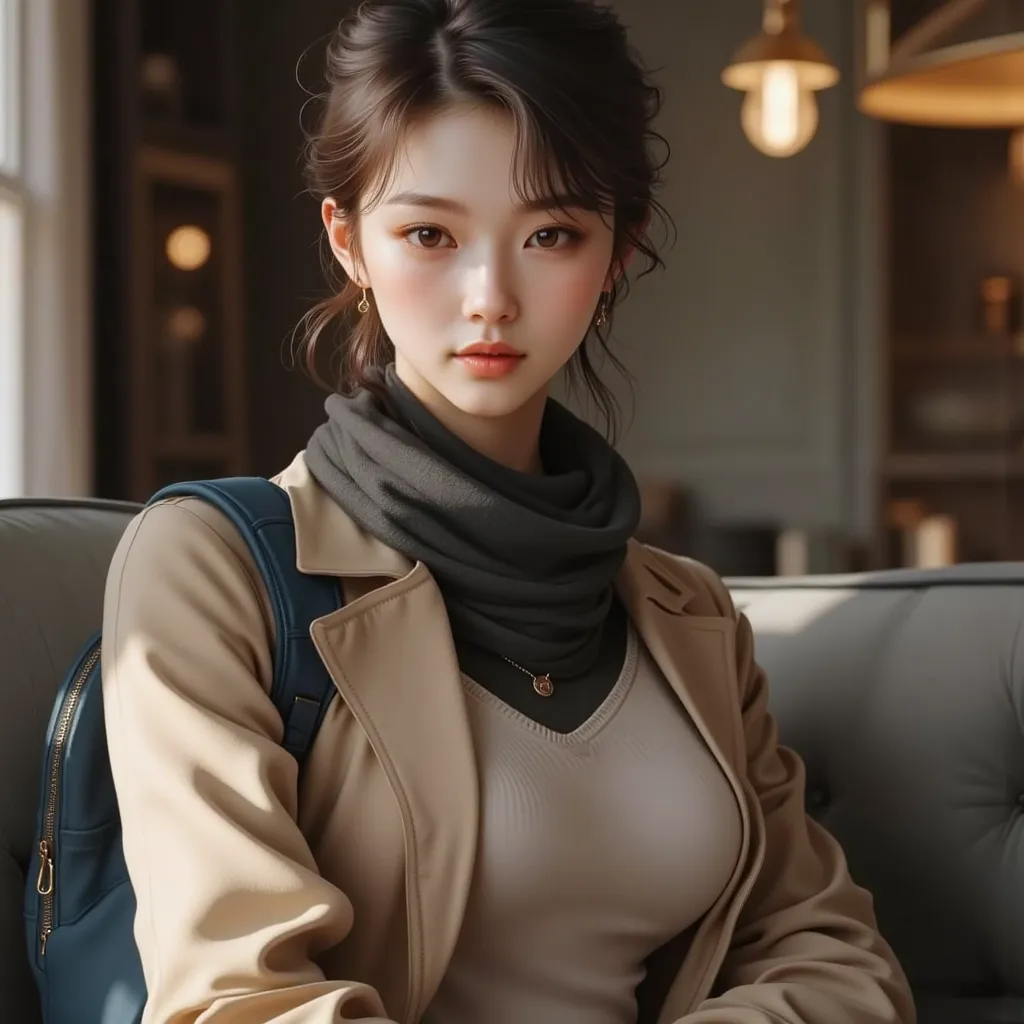 Cozy Indoor Setting with Soft Warm Lighting
"A photorealistic portrait of a 25-year-old Asian woman with a slender egg-shaped face (not round), smooth fair skin, natural arched eyebrows, almond-shaped dark brown eyes with a gentle gaze, straight proportion...