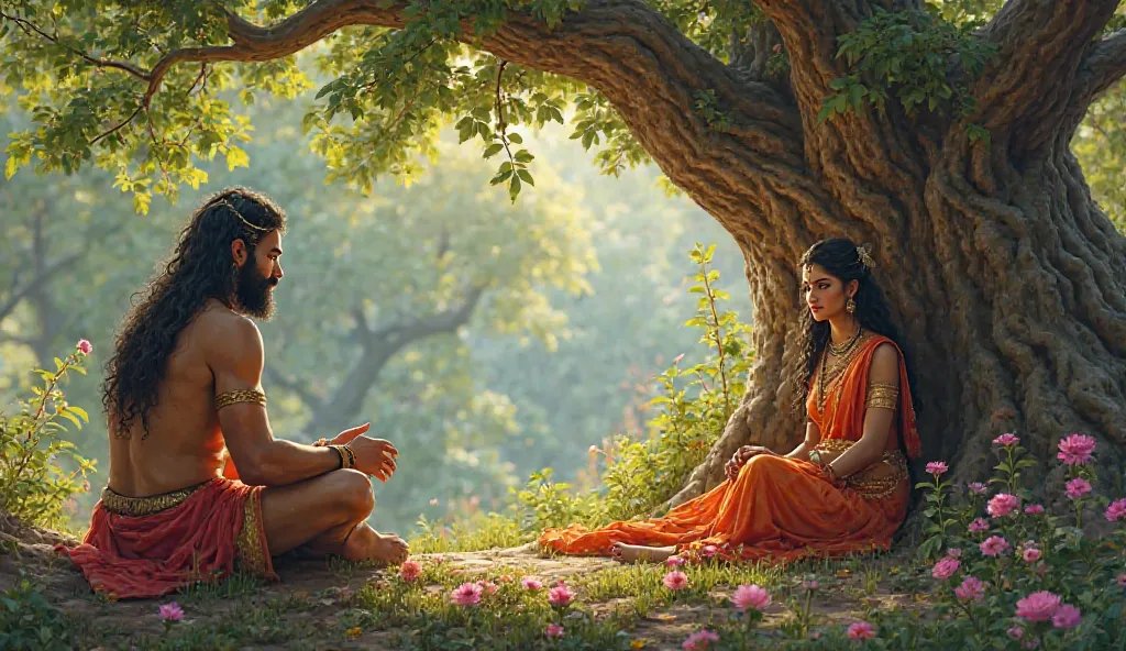 Hanuman sits on a tree branch inside the lush Ashok Vatika, where he sees Goddess Sita seated under a tree. She appears sorrowful, dressed in simple attire, her hands folded in devotion. The garden is filled with vibrant flowers, and Ravan’s demonesses gua...