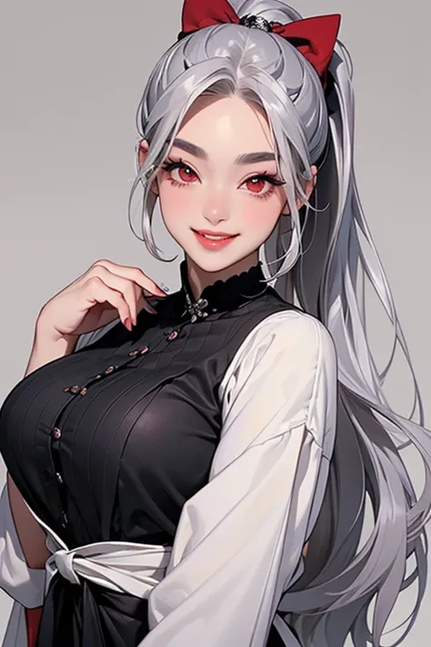 (Top Quality, masterpiece:1.2), High Resolution, 最高masterpiece、very detailed, realistic:1.37,   fantasy, (( Silver Hair)).'((red eyes)). queen,   black dress、beautiful、 Eye Shadow Red   、 thick eyebrows、long eyelashes、The students are black .、Lips are shin...