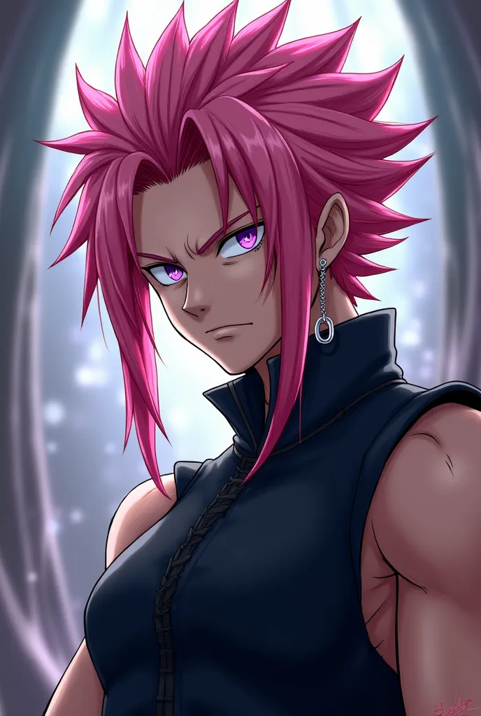 A -yeld boWith pink salmon hair, straight hair, pink dragon eyes, beautiful, Fairy tail, Natsu dragoneel, muscular body, serious expression, Japanese anime, wearing earrings. 