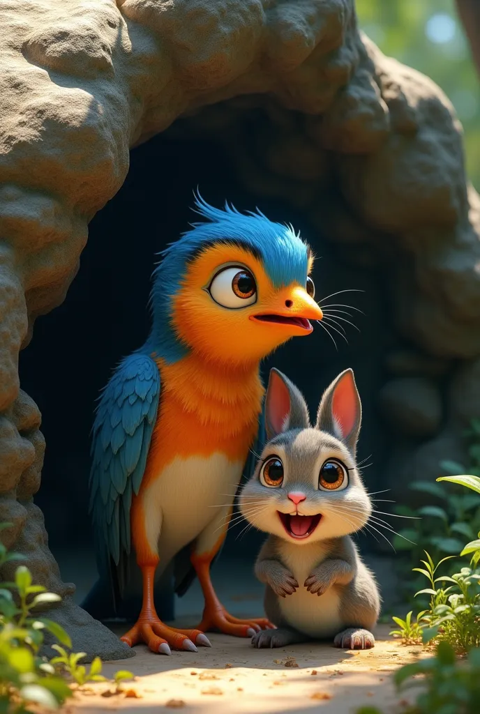 Chirpy guiding the baby rabbit to safety under a large rock. The rabbit looks scared but relieved, while Chirpy is drenched and exhausted but determined.