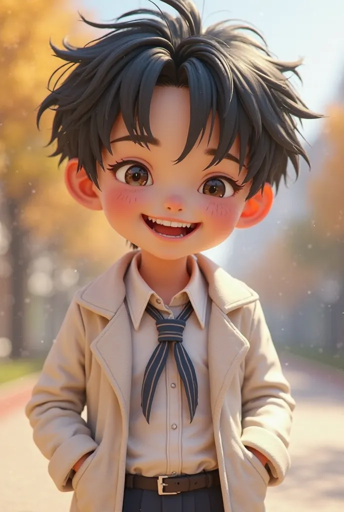 A boy in a white school uniform with a coat, Does he have medium black hair a little curl in his bangs, Thin face sacchardic eyes, fair skin, 3D image he is laughing