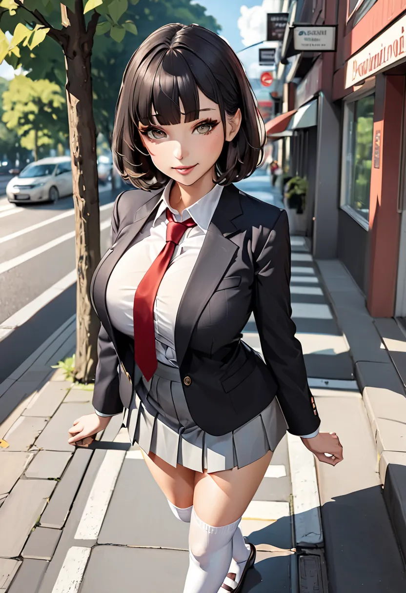 portrait.  girl, s, Bob with black hair with bangs, brown eyes, big breasts, long legs. Das  girl sieht den Zuschauer an und lächelt. It is wearing a white blouse ,  a short grey pleated skirt,  white knee socks , braune Mary Janes, Red tie, black jacket. ...