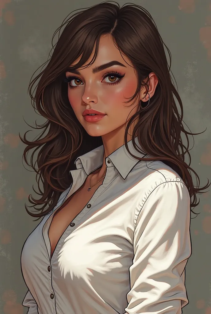 Make images for me of a woman in the Spider-Verse Comic style, with a pointed chin , full lips and a nose that is distinctly Italian and had big dark eyes. Your brown hair is wearing a sleeved dress shirt, white and creased with few open buttons