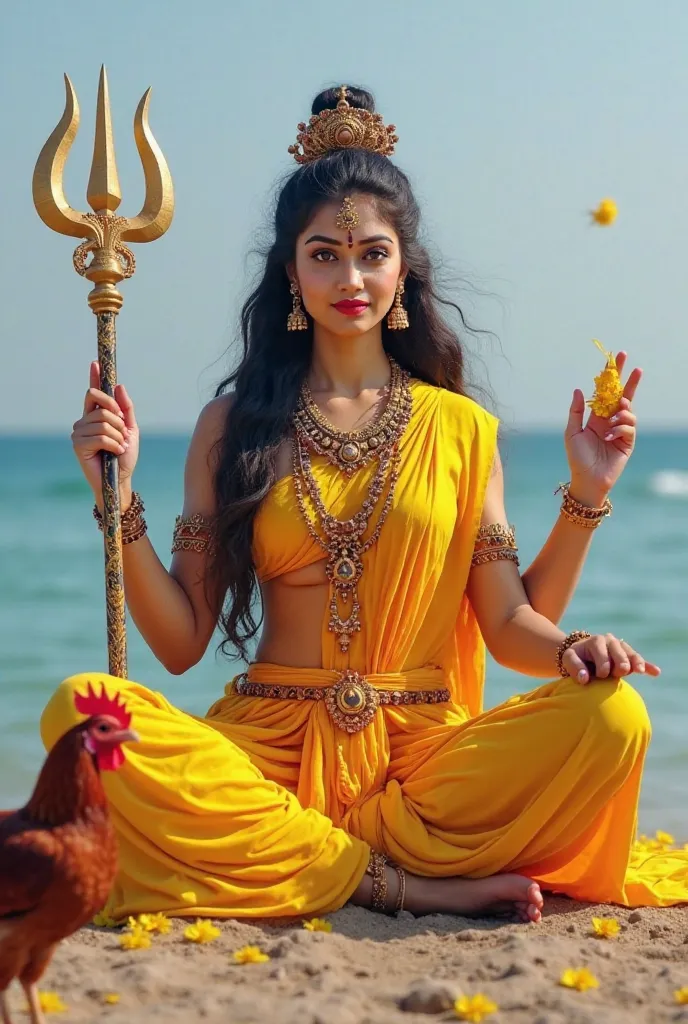 A beautiful Hindu goddess with round face who is wearing a decorative mark or piece of jewelry worn in the middle of the forehead with yellow color saree who is having four hands one hand has a trident other with the yellow color flower one hand on her lap...