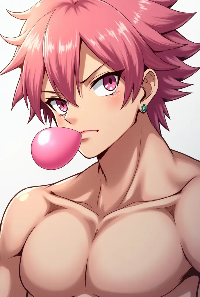 A -yeld boWith pink salmon hair, straight hair, pink dragon eyes, beautiful, Fairy tail, Natsu dragoneel, muscular body, serious expression, Japanese anime, wearing earrings, blowing bubble gum, young guy 