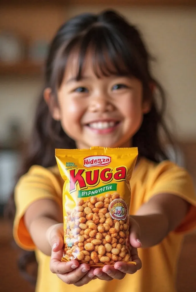 "Create a vibrant image featuring a joyful young girl proudly presenting a package of peanut candy labeled 'KNR MUGA.' The packaging should be visually appealing, highlighting the rich textures and golden hues of the caramelized peanuts. The girl should ex...