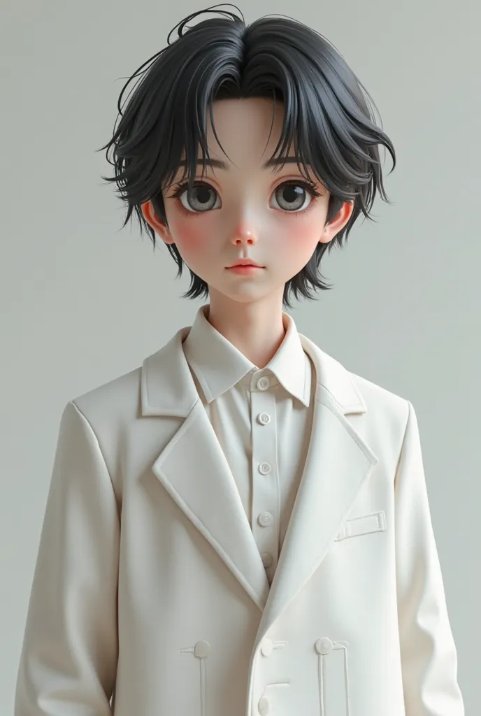 One in a white school uniform with a coat, Does he have medium black hair a little curl in his bangs, Thin face sacchardic eyes, fair skin, high school student 3d large image, Appearance of a human 