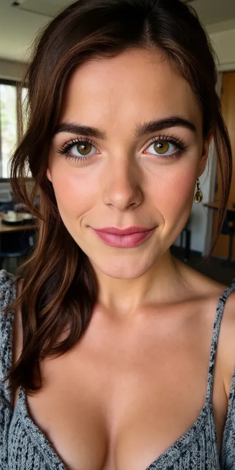(((close-up portrait))) Huge xl breast, woman with pure innocent gaze, pale face, little sad, expressive style, smudges, teacher in classroom