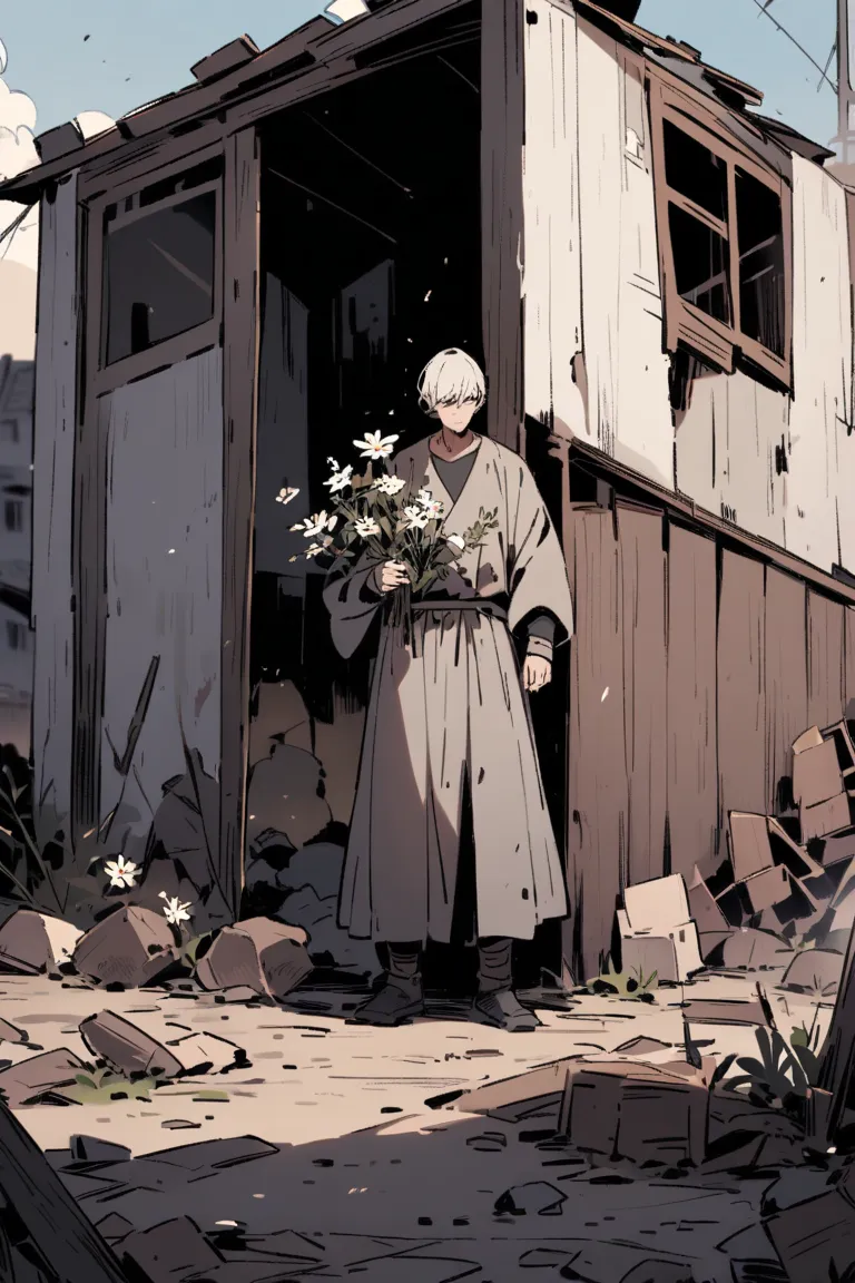 A man stands in front of a destroyed house and in front of his house is a flower that has withered