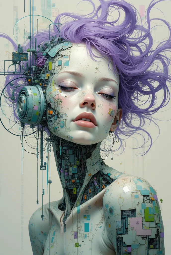 A futuristic, stylized portrait of a humanoid figure with closed eyes, featuring intricate geometric patterns and circuit-like designs in shades of teal, purple, and green. The figure's face is adorned with organic textures and a smooth complexion, contras...