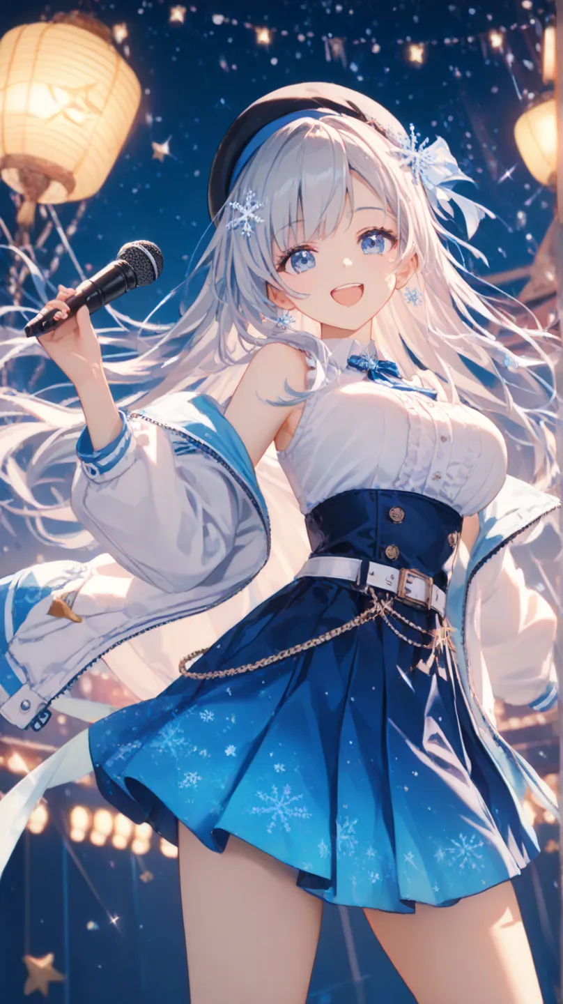 1 girl,microphone, long hair, Big Breasts, is watching viewers, smile, open your mouth, blue eyes, hair ornament,  sky full of stars,  Lantern, white jacket, white shirt, gray hair,  sleeveless,  Collared Shirt , belt,  blue skirt, black headwear,  , beret...