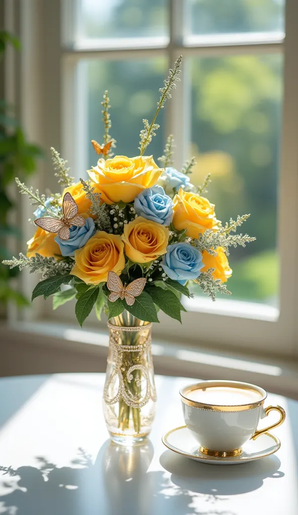 stunning, 8k hd long photo of the flower arrangement, that captivates the eye. The centerpiece is a shining yellow color and blue roses, with a golden stem, decorated with sparkling diamonds, symbolizing wealth and sophistication. A whimsical crystal littl...