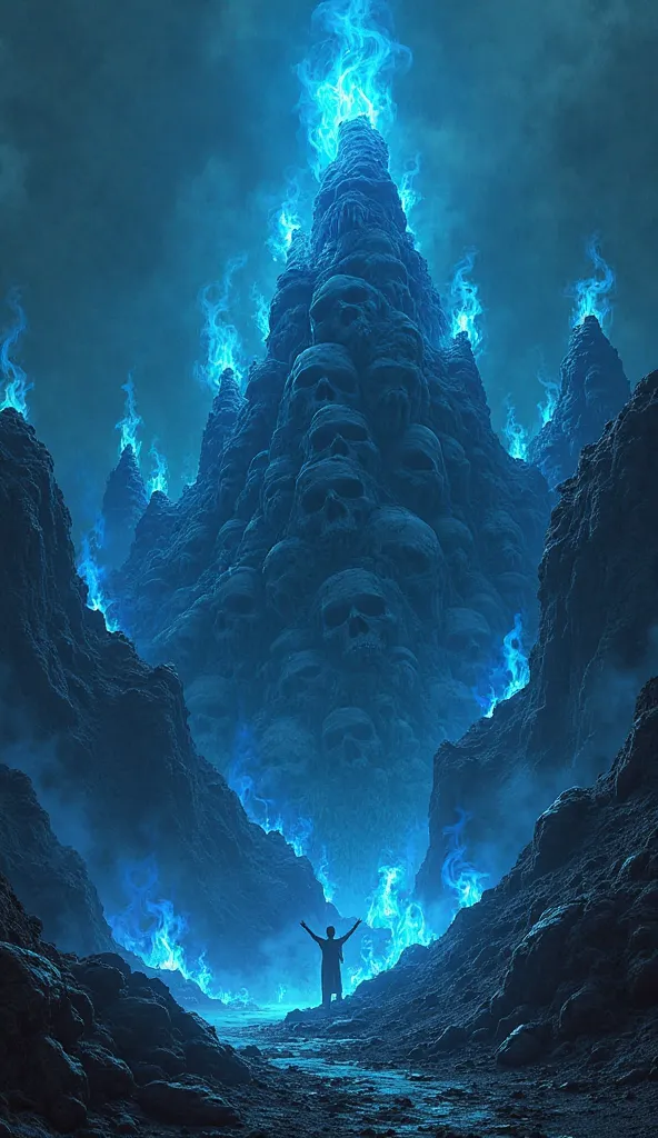  Realism style , dark background , there are mountains of skulls shrouded in clearly visible tongues of bright blue flames