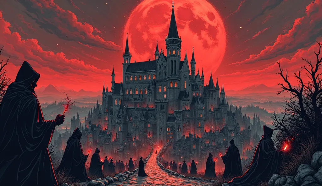 Panoramic view of a large town of wizards and sorcerers with a semi-gothic infrastructure move to see a large university of black magicians the sky is reddish the moon is crimson red Comics STYLE with black stars 