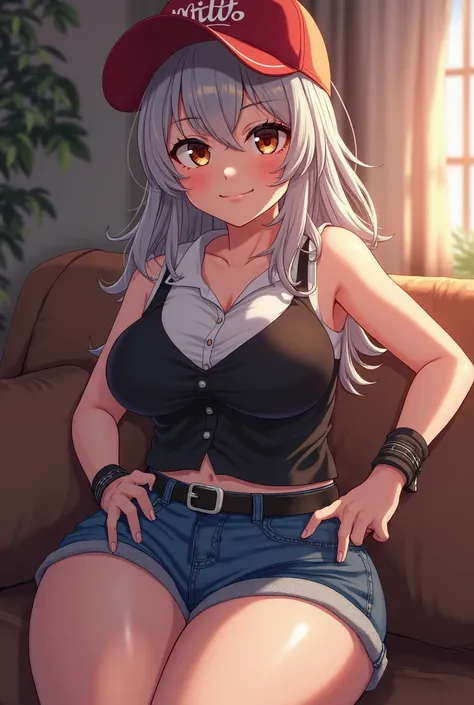 1girl, mature female, older, huge breasts, milf, motherly, wide hips, hilda (pokemon), baseball cap, black vest, sleeveless, white shirt, wrist bands, blue shorts, denim, shorts, score_9, score_8_up, score_7_up, score_6_up, source_anime, beautiful face, ex...