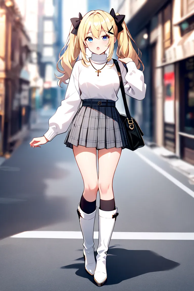 1girl, solo, long hair, breasts, looking at viewer, open mouth, blonde hair, long sleeves, hair between eyes, jewelry, twintails, standing, full body, sidelocks, hair bow, pleated skirt, miniskirt, necklace, :o, kneehighs, black bow, blurry background, tur...