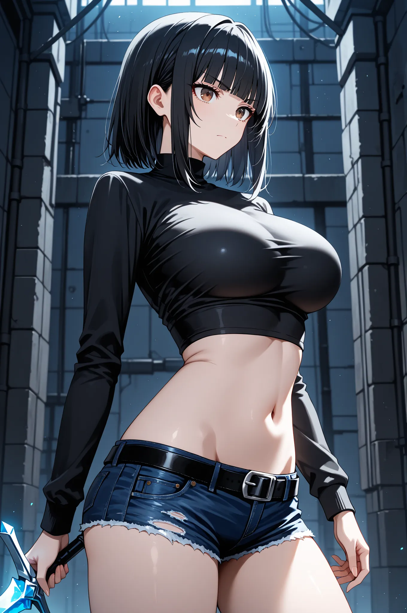 (side angle),Solo,best quality,woman,black hair,medium hair,straight hair,blunt bangs,sidelocks,brown eyes,large breasts,black long sleeve Navel exposed turtleneck,dark blue lowleg micro denim shorts,black waist Belt buckle,serious,open eyes,closed mouth,s...