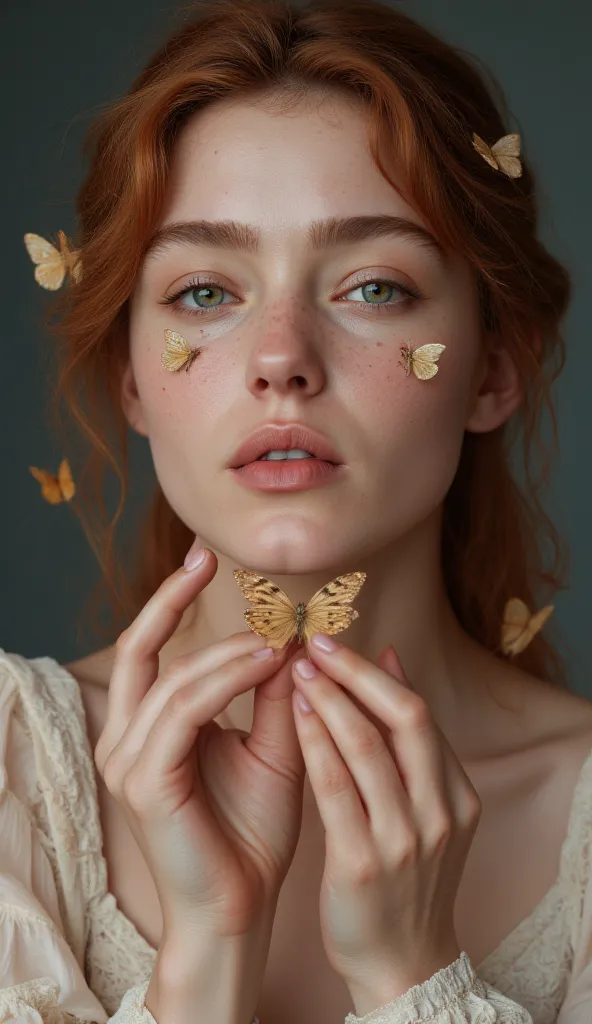 Close-up portrait of a young girl, likely 16-20 years old, with a light complexion and freckles.  She has a soft, wistful expression and light, slightly tousled, shoulder-length auburn hair.  Her eyes are a striking light blue, and her lips are a soft, ros...