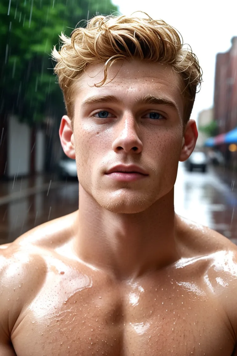 (zPDXL2), 8K, score_9, score_8_over, score_7_over, yaoi, 1 boys, homosexual, detailed, very short hair, blond hair, freckles, blue eyes, freckles, freckles on body, broad and muscular shoulders, pectoral muscles, abdomen, vascular biceps and triceps, weari...