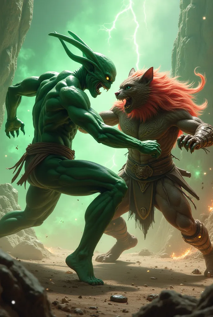 Green alien  ,hairless, humanoid, muscular ,karate , Martial arts clothing fighting against a furro Cat ,viking , monster hunter 