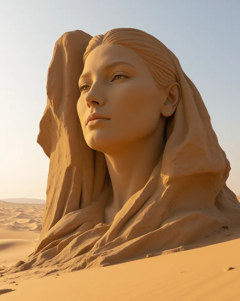 A giant sand-carved Woman's face, monument on a desert dune, ephemeral, sculptural, raw, poetic, desert expanse, mid-morning, artistic photography, sun-drenched color grading, photorealistic