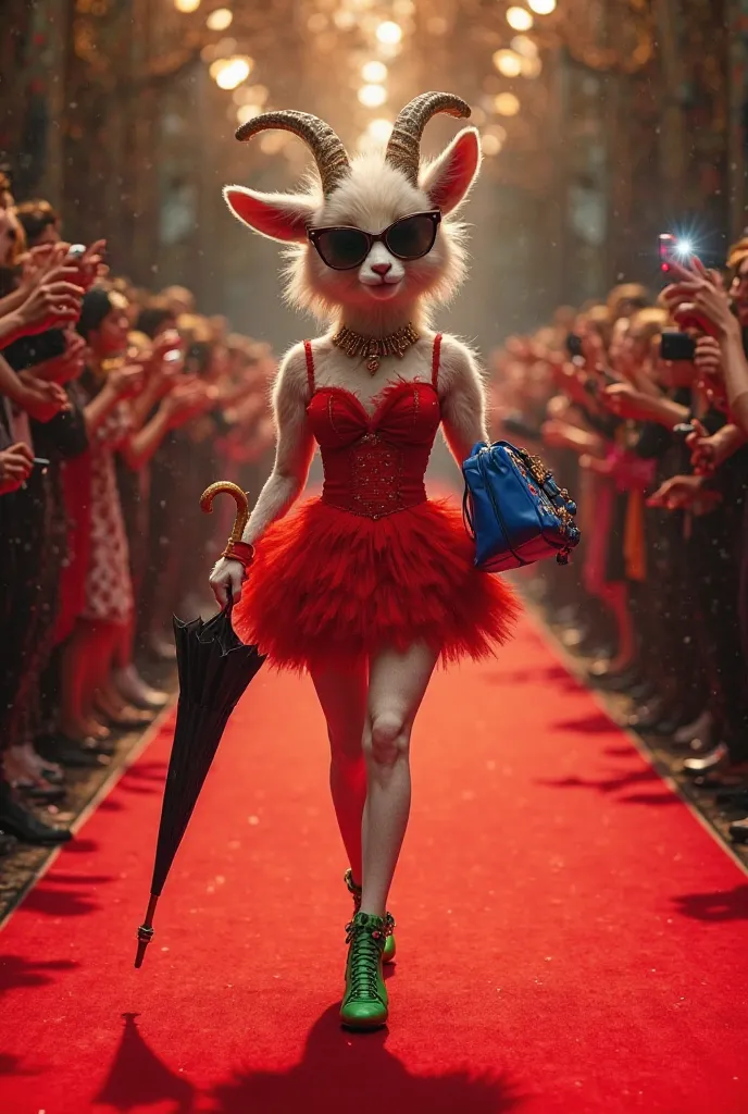 "A furry anthropomorphized female goat struts confidently down a red carpet runway. She is wearing a short, flamboyant red couture dress and green high-heeled shoes with modern details, holding a blue designer bag in one hand and a black opened umbrella in...