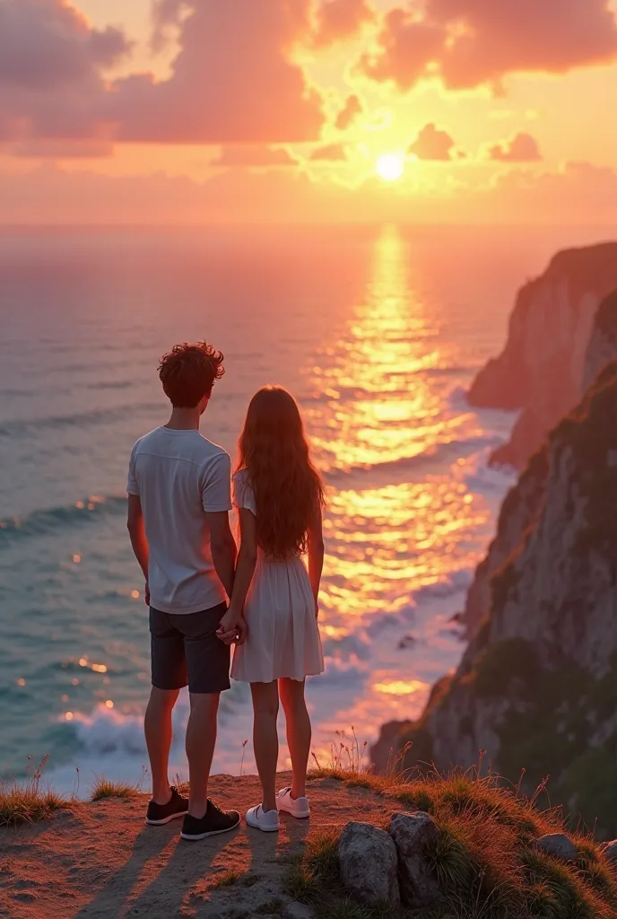 "A couple standing on a cliff, gazing at the horizon, holding hands, imagining their future together, with a hopeful and dreamy expression.", 3 d animaiton , disney inspired 