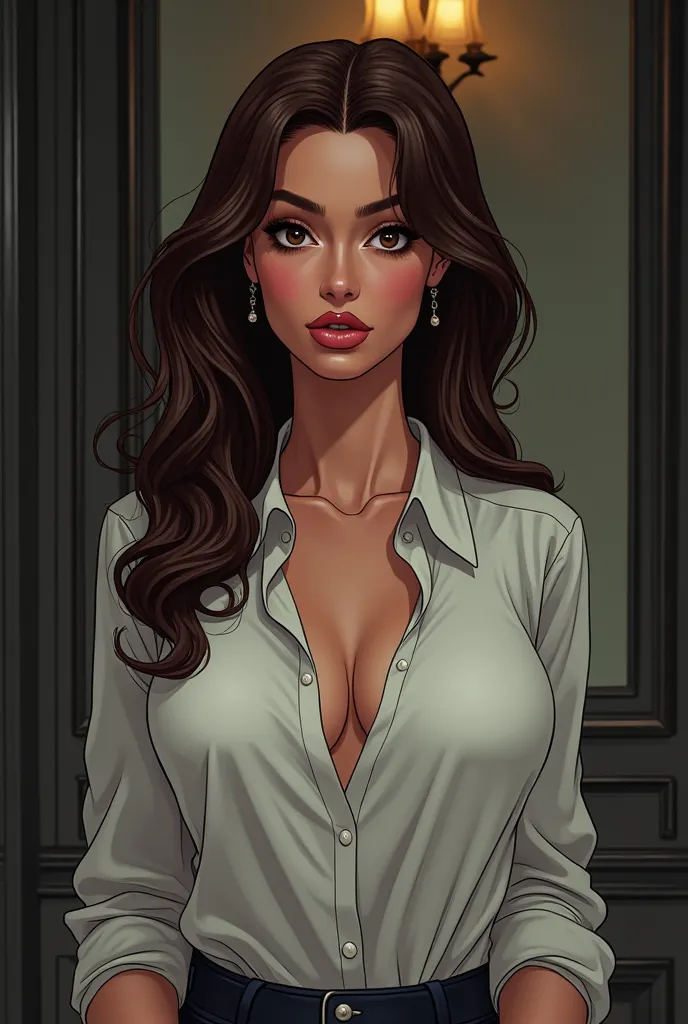 Make images for me of a woman in the Spider-Verse Comic style, with a pointed chin , full lips and a distinctly Italian nose and had big dark eyes. Her long brown hair wavy and she's wearing a sleeved dress shirt, white and wrinkled with few open buttons. ...