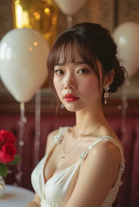 8K, masterpiece, lips, foreground, At eye level, chestnut, very short hair, with lenses, white elegant dress, jewelry, elegant place, ring, collar, retro, diner, sitting on a couch sideways, very elegant,  Romantic, Marian word,  March 8 , white and gold b...