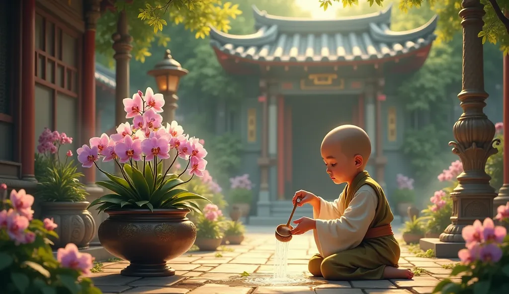 "A young novice with a shaved head and a gentle, earnest expression kneels in the tranquil courtyard of an ancient temple, his small hands carefully tending to a vibrant pot of orchids—pink, purple, and white petals glistening with fresh water droplets. He...