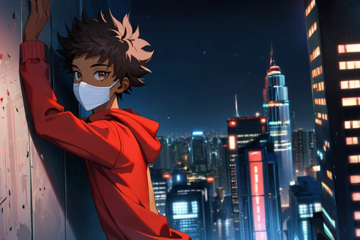 1 boy, twink, slender dainty body, black short messy hair,  bangs, brown eyes, long eyelashes, tanned skin, red hoodie, facial mask, night city,  held against the wall, faceless yakuza, highly detailed art, 