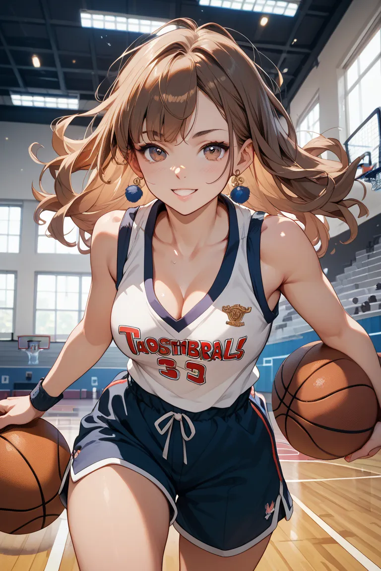 Draw a brown-haired Japanese girl wearing a basketball