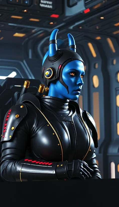 1girl,  seductive shapes, seductive body and curves, Twi'leck girl from the Star Wars universe, her skin is blue, instead of hair, paired branches on the head, , they had the shape of tentacles and were called “lecku”, they are blue, pretty face,  determin...