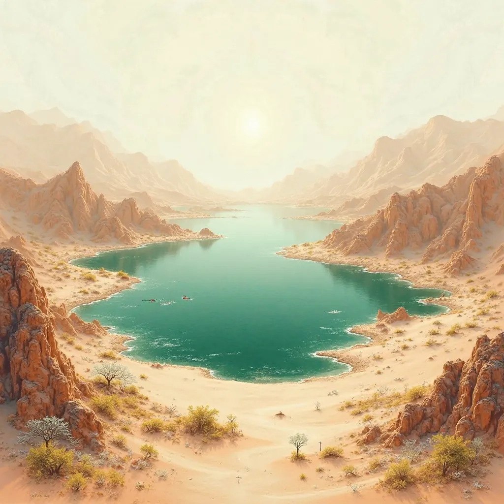 A vast desert landscape with expansive negative space, painted in the style of mineral pigment panel painting. At the center, a striking emerald-green oasis is surrounded by delicate vegetation, creating a poetic and multi-layered composition. The scene is...