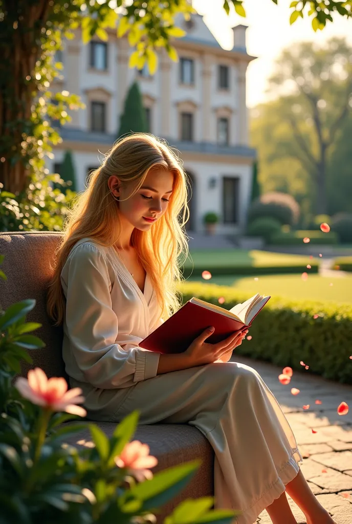 A beautiful girl is reading a book in the garden of a modern manor