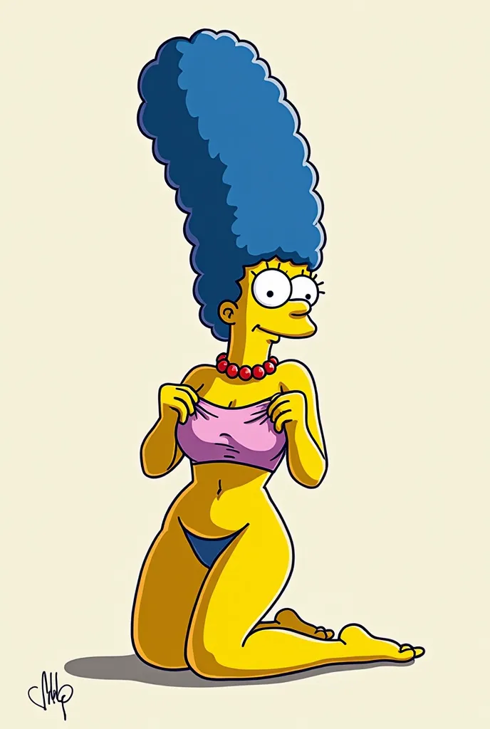 Marge Simpson, a character with a distinct character and a slim figure.  She has tall ,  voluminous blue hair , , which is her calling card. 
Pictured kneeling. He lifts his shirt up, showing big boobs. A drawing in the style of the series The Simpsons.