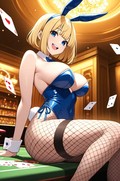 blonde hair、bob cut the blue cloth、 popup、An order of magnitude different boobs、 girl、bunny girl、Legs in fishnet stockings、big smile、I have a playing card in my hand、is looking at this、highlight breasts、background、poker table top