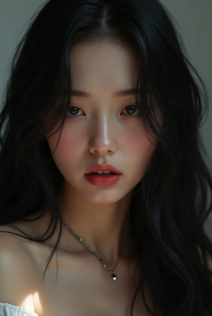 chest,  blushes,  black hair, close your mouth, long hair, woman