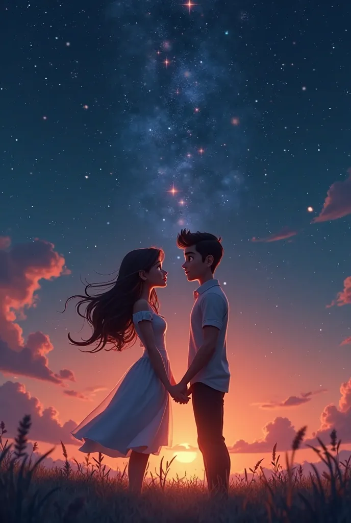 "A couple meeting for the first time, their eyes meet with a soft glow, a sense of instant connection in the air, warm and inviting." "A couple standing under a starry sky, gazing at the stars together, holding hands, with a sense of timeless love and deep...