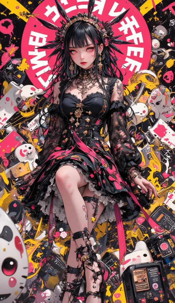 Gothic Lolita Girl、dynamic composition、Lively decorations、Anime style、graphic design、kawaii、upper body、