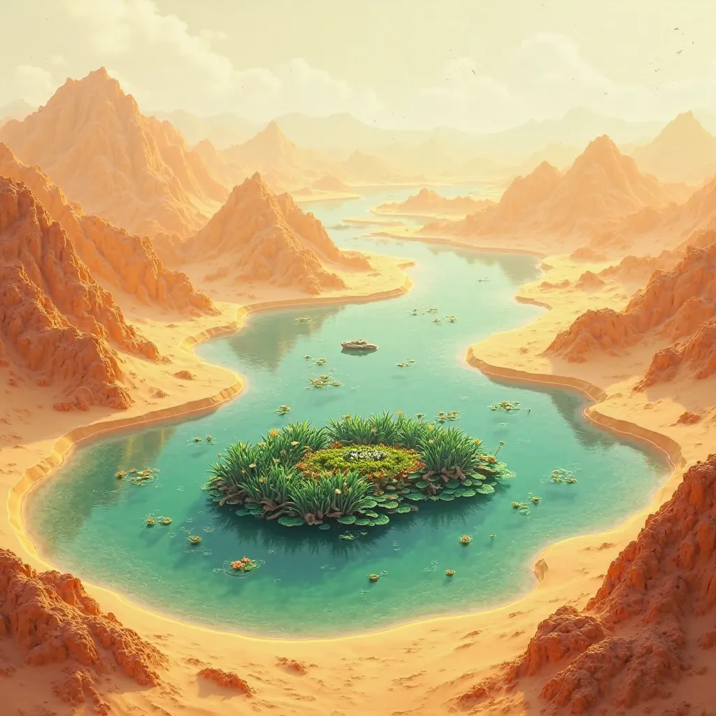 A vast desert landscape with large areas of negative space, created in the style of mineral pigment panel painting. At the center, a striking emerald-green oasis with lush aquatic plants floats on the water, contrasting beautifully against the warm golden ...