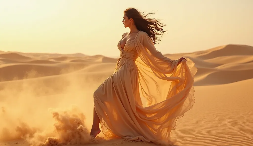 A beautiful persian woman kicking sand in a golden desert landscape. Her body is gracefully wrapped in flowing, sheer fabrics that billow in the wind, covering parts of her form. She has voluptuous beauty and huge cleavage, The warm, golden sunlight highli...