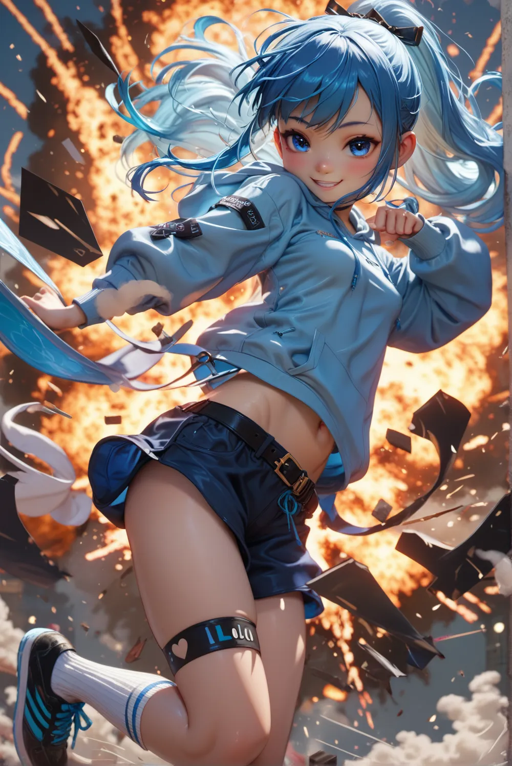 (best quality), (high detailed), (perfect body), (perfect face), one girl, asian, small girl, loli, blue ponytail with skyblue highlights, blue eyes, light skin, slim body, small breasts, blue-white hoodie, blue shorts, black belt, white socks, black train...