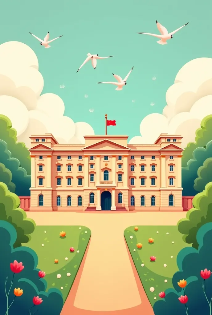 Cartoon image : beautiful the Buckingham palace кремового цвета, NO флаг