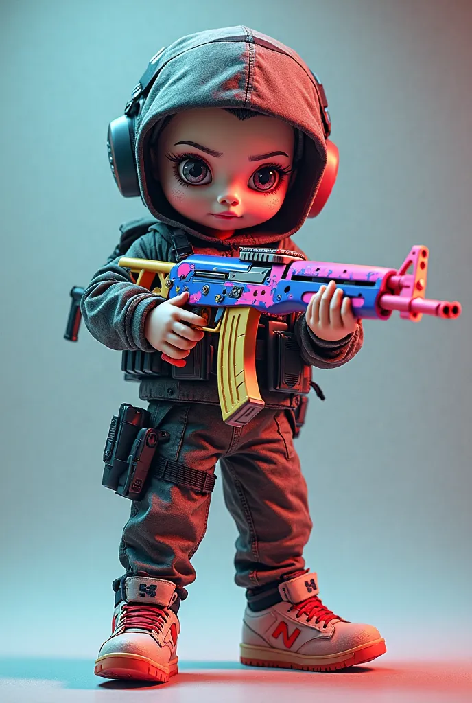 GENERATE THE TERRORIST DOLL FROM CS2 , WEARING DUNK SNEAKERS AND HOLDING A COLORFUL AK