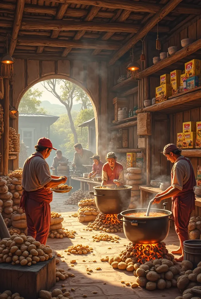 "Create an image depicting the traditional manufacturing process of peanut candy in a village factory named 'KNR MUGA.' The scene should showcase local artisans engaged in various stages of candy production, such as roasting peanuts over open flames, mixin...