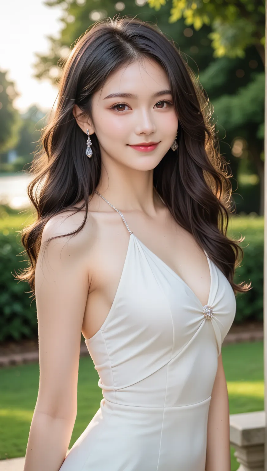 "A breathtakingly beautiful 20-year-old woman with long, straight, waist-length black hair, gazing directly at the viewer with a soft, warm smile. Her delicate facial features, radiant complexion, and expressive eyes convey charm and elegance. She exudes a...