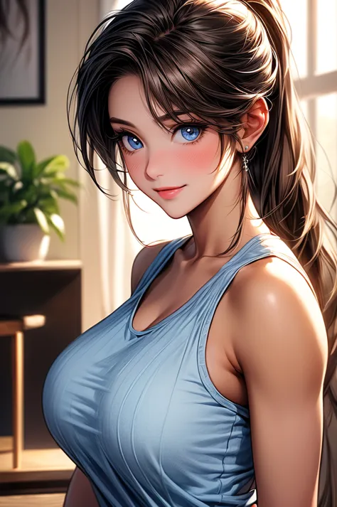 Masterpiece, ((1 girl, Brown Hair, Tan Skins, Brown Skins, Low Muscular)), ((Best Quality)), (Ultra-detailed), Highly detailed, ((Big Breasts)), ((Close up)), Perfect Lighting, Perfect background, ((Ponytail Long Hair, Brown Hair, Blue eyes)), ((25-years-o...