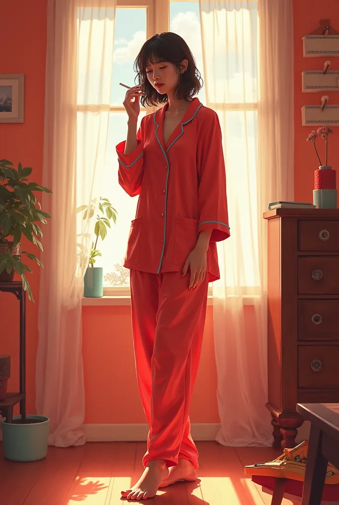 A girl smokes a cigarette , standing full length in pajamas in a bright room with red fingernails and toenails